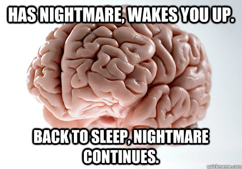 Has nightmare, wakes you up. Back to sleep, nightmare continues.   Scumbag Brain