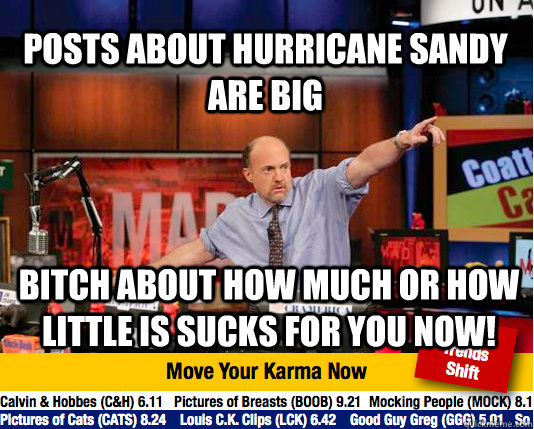 Posts about Hurricane sandy are big Bitch about how much or how little is sucks for you NOW!  Mad Karma with Jim Cramer