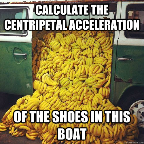 calculate the centripetal acceleration of the shoes in this boat  Every Physics Problem Ever