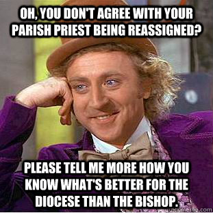 Oh, you don't agree with your parish priest being reassigned? please tell me more how you know what's better for the diocese than the bishop.  Condescending Wonka