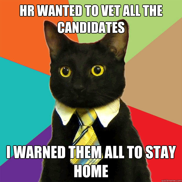 HR wanted to vet all the candidates I warned them all to stay home - HR wanted to vet all the candidates I warned them all to stay home  Business Cat