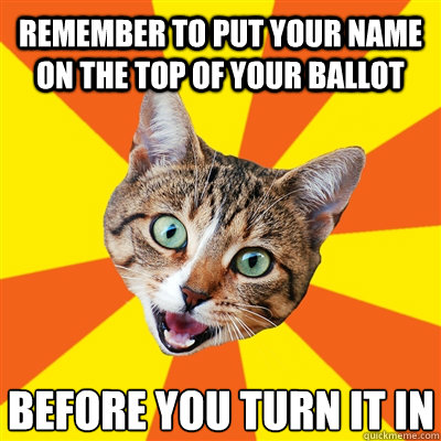 Remember to put your name on the top of your ballot Before you turn it in  Bad Advice Cat