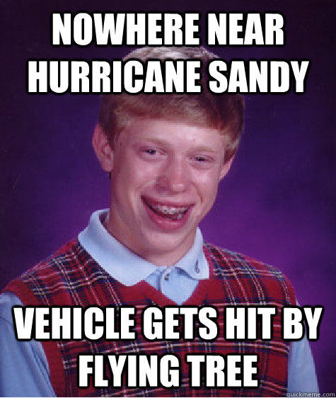 Nowhere near hurricane sandy vehicle gets hit by flying tree  Bad Luck Brian