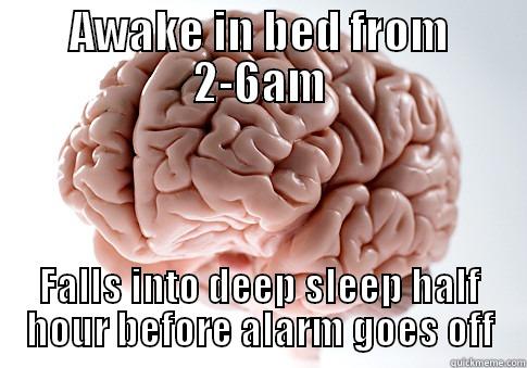 AWAKE IN BED FROM 2-6AM FALLS INTO DEEP SLEEP HALF HOUR BEFORE ALARM GOES OFF Scumbag Brain