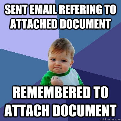 Sent email refering to attached document remembered to attach document  Success Kid