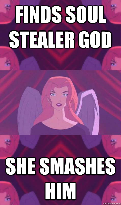 Finds soul stealer god She smashes him  Good Hawkgirl