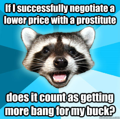 If I successfully negotiate a lower price with a prostitute does it count as getting more bang for my buck?  Lame Pun Coon