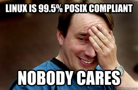 Linux is 99.5% POSIX compliant nobody cares  Linux user problems