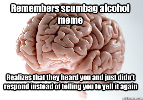 Remembers scumbag alcohol meme Realizes that they heard you and just didn't respond instead of telling you to yell it again  - Remembers scumbag alcohol meme Realizes that they heard you and just didn't respond instead of telling you to yell it again   Scumbag Brain