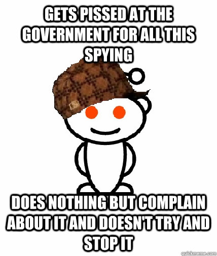 GETS pissed at the government for all this spying Does nothing but complain about it and doesn't try and stop it  Scumbag Redditor