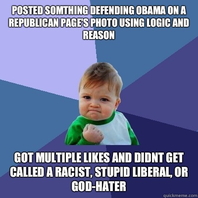 Posted somthing defending Obama on a republican page's photo using logic and reason Got multiple likes and didnt get called a racist, stupid liberal, or god-hater   Success Kid