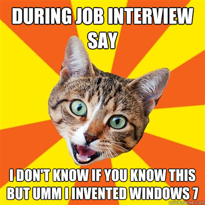 during job interview say i don't know if you know this but umm i invented windows 7  Bad Advice Cat