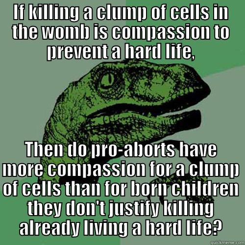 IF KILLING A CLUMP OF CELLS IN THE WOMB IS COMPASSION TO PREVENT A HARD LIFE, THEN DO PRO-ABORTS HAVE MORE COMPASSION FOR A CLUMP OF CELLS THAN FOR BORN CHILDREN THEY DON'T JUSTIFY KILLING ALREADY LIVING A HARD LIFE? Philosoraptor