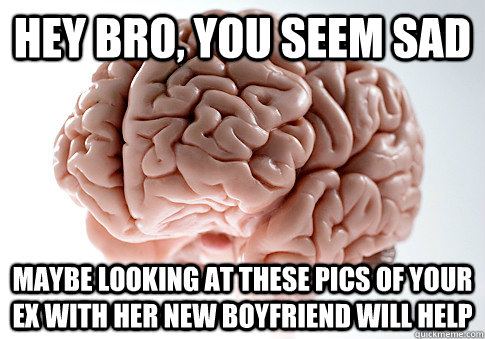 HEY BRO, YOU SEEM SAD MAYBE LOOKING AT THESE PICS OF YOUR EX WITH HER NEW BOYFRIEND WILL HELP  Scumbag Brain