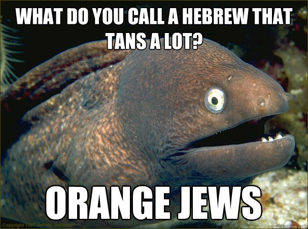 What do you call a hebrew that tans a lot? Orange Jews  Bad Joke Eel