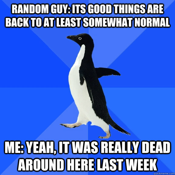 Random Guy: Its good things are back to at least somewhat normal Me: Yeah, it was really dead around here last week  Socially Awkward Penguin