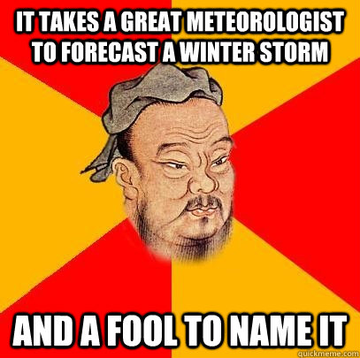 it takes a great meteorologist to forecast a winter storm and a fool to name it  Confucius says