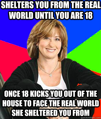 shelters you from the real world until you are 18 once 18 kicks you out of the house to face the real world she sheltered you from  Sheltering Suburban Mom