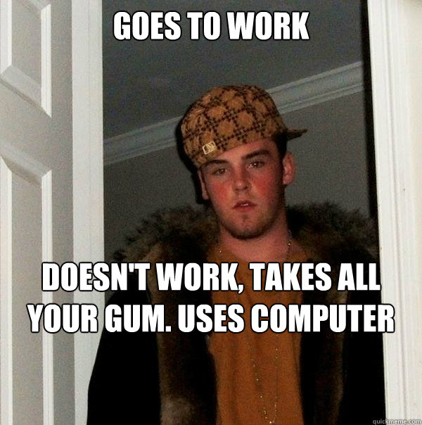 goes to work doesn't work, takes all your gum. uses computer when you need it to make meme's   Scumbag Steve