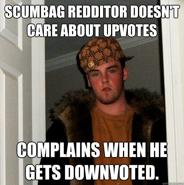 Scumbag Redditor doesn't care about upvotes Complains when he gets downvoted.  Scumbag Steve