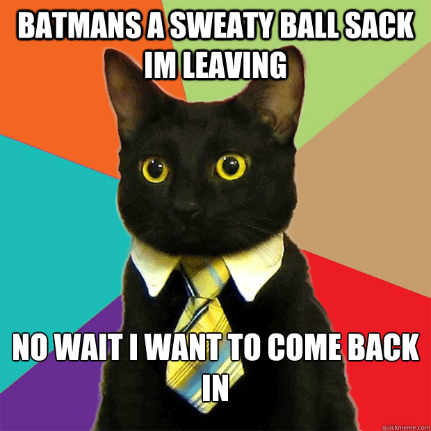 BATMANS A SWEATY BALL SACK IM LEAVING no wait I want to come back in  Business Cat