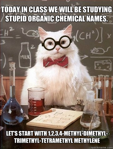 Today in class we will be studying stupid organic chemical names. Let's start with 1,2,3,4-methyl-dimethyl-trimethyl-tetramethyl methylene  Chemistry Cat