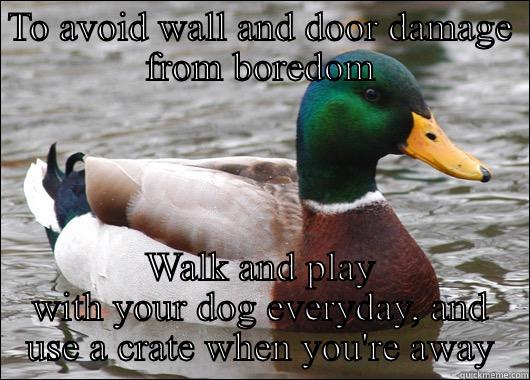 TO AVOID WALL AND DOOR DAMAGE FROM BOREDOM WALK AND PLAY WITH YOUR DOG EVERYDAY, AND USE A CRATE WHEN YOU'RE AWAY Actual Advice Mallard