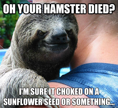 oh your hamster died? i'm sure it choked on a sunflower seed or something...
  Suspiciously Evil Sloth