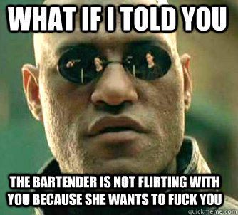 what if i told you the bartender is not flirting with you because she wants to fuck you  