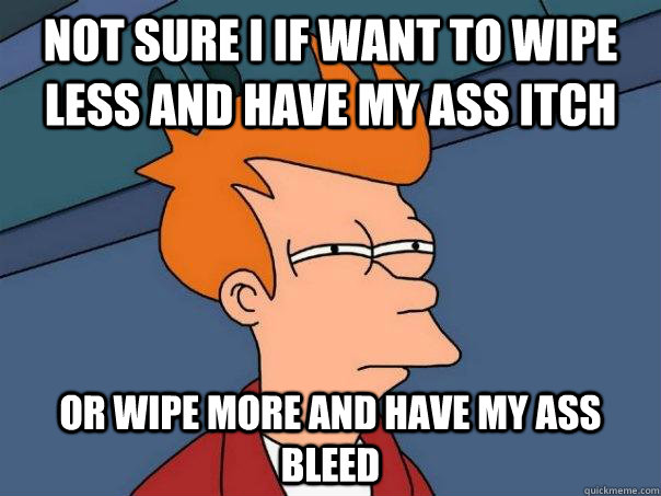 Not sure I if want to wipe less and have my ass itch Or wipe more and have my ass bleed  Futurama Fry