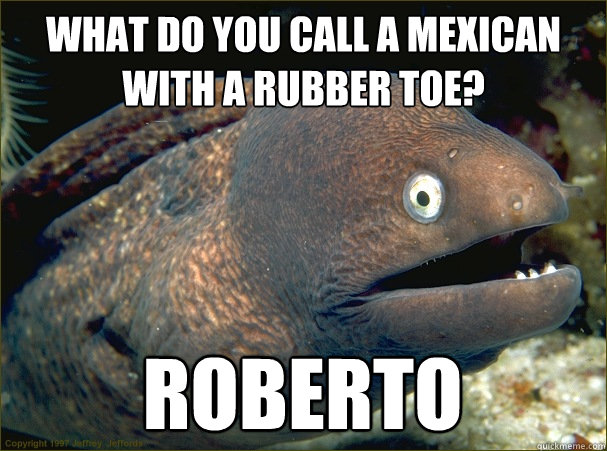 What do you call a mexican with a rubber toe? Roberto  Bad Joke Eel