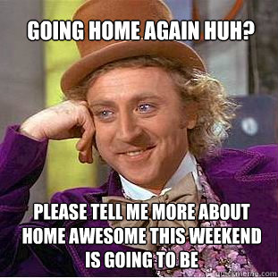 Going home again huh? please tell me more about home awesome this weekend is going to be  Willy Wonka Meme