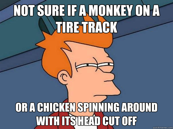 Not sure if a monkey on a tire track  Or a chicken spinning around with its head cut off - Not sure if a monkey on a tire track  Or a chicken spinning around with its head cut off  Futurama Fry