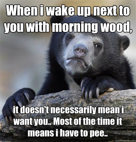 When i wake up next to you with morning wood,  it doesn't necessarily mean i want you.. Most of the time it means i have to pee..  Confession Bear