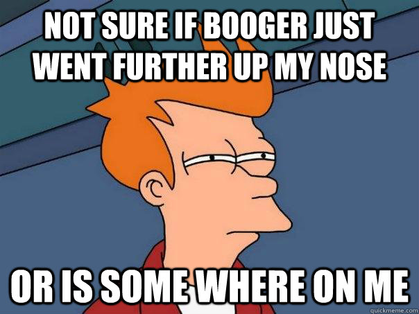 Not sure if booger just went further up my nose or is some where on me - Not sure if booger just went further up my nose or is some where on me  Futurama Fry