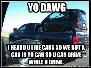 Yo dawg i heard u like cars so we but a car in yo car so u can drive while u drive.  