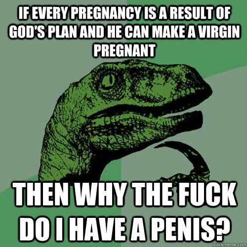 If every pregnancy is a result of god's plan and he can make a virgin pregnant then why the fuck do i have a penis?  Philosoraptor