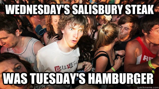 Wednesday's Salisbury Steak Was Tuesday's Hamburger  - Wednesday's Salisbury Steak Was Tuesday's Hamburger   Sudden Clarity Clarence