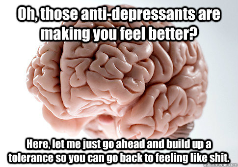 Oh, those anti-depressants are making you feel better? Here, let me just go ahead and build up a tolerance so you can go back to feeling like shit.   Scumbag Brain