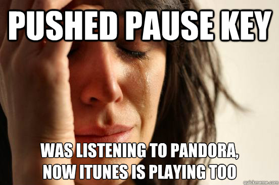 pushed pause key was listening to pandora,
now itunes is playing too - pushed pause key was listening to pandora,
now itunes is playing too  First World Problems