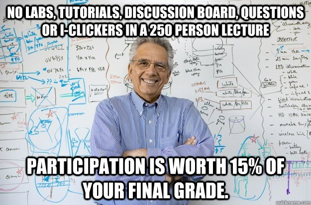 No labs, tutorials, discussion board, questions or i-clickers in a 250 person lecture participation is worth 15% of your final grade.  - No labs, tutorials, discussion board, questions or i-clickers in a 250 person lecture participation is worth 15% of your final grade.   Engineering Professor