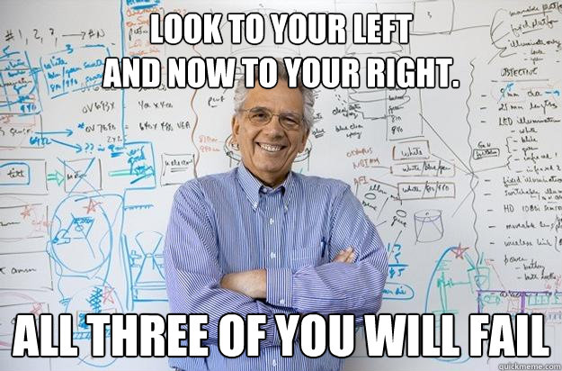 look to your left 
and now to your right.
 ALl three of you will fail - look to your left 
and now to your right.
 ALl three of you will fail  Engineering Professor