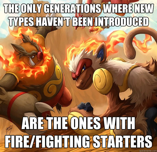 The only generations where new types haven't been introduced Are the ones with Fire/Fighting starters - The only generations where new types haven't been introduced Are the ones with Fire/Fighting starters  Misc