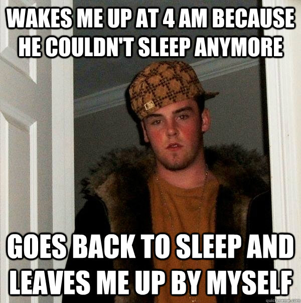 wakes me up at 4 am because he couldn't sleep anymore goes back to sleep and leaves me up by myself  Scumbag Steve