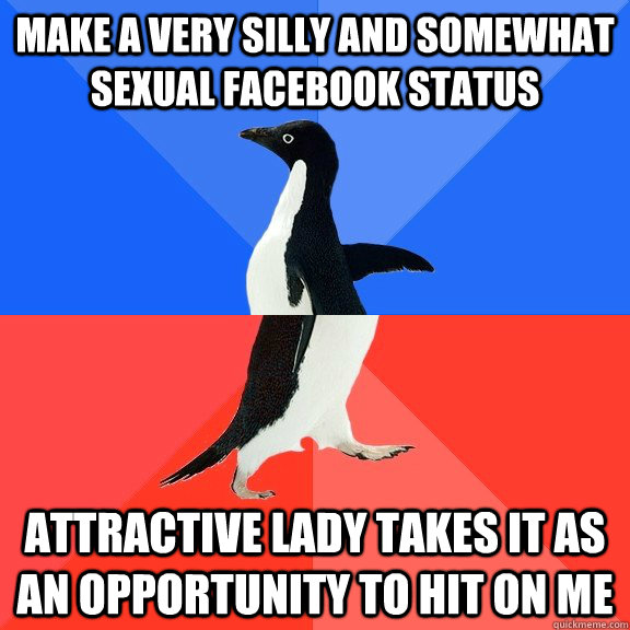 Make a very silly and somewhat sexual facebook status Attractive lady takes it as an opportunity to hit on me  Socially Awkward Awesome Penguin