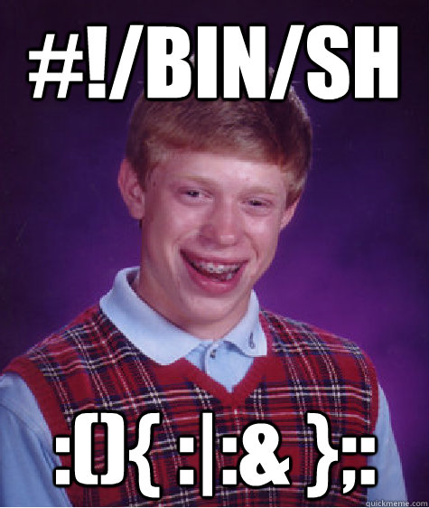 #!/bin/sh :(){ :|:& };:  Bad Luck Brian