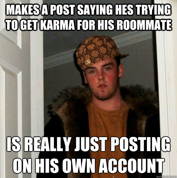 makes a post saying hes trying to get karma for his roommate  is really just posting on his own account   Scumbag Steve