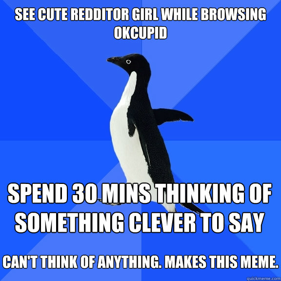 See cute redditor girl while browsing okcupid spend 30 mins thinking of something clever to say  can't think of anything. makes this meme.  Socially Awkward Penguin