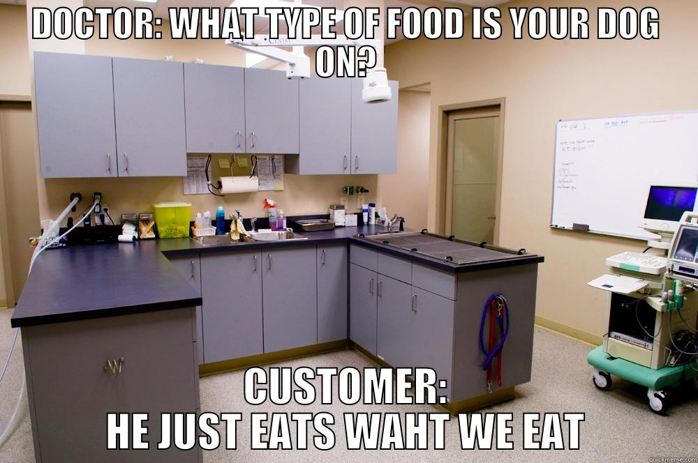 VET CLINIC - DOCTOR: WHAT TYPE OF FOOD IS YOUR DOG ON? CUSTOMER: HE JUST EATS WAHT WE EAT Misc