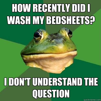 how recently did i wash my bedsheets? I don't understand the question - how recently did i wash my bedsheets? I don't understand the question  Foul Bachelor Frog